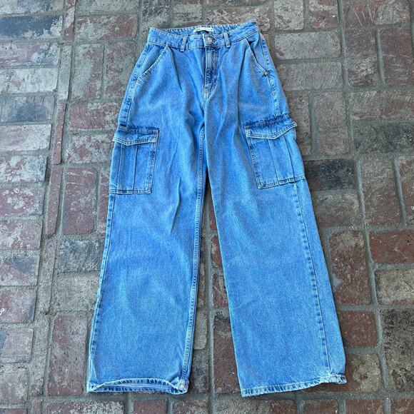 Zara Cargo Jeans Blue Size 6 Wide Leg High Waisted - Picture 1 of 3
